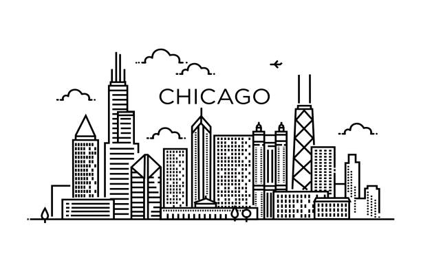 ilustraciones, imágenes clip art, dibujos animados e iconos de stock de bandera lineal de la ciudad de chicago. arte lineal - chicago