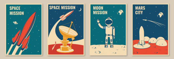 mars-stadt und weltraum-mission plakate, banner, flyer. vektor-konzept für shirt, druck, stempel. vintage typografie-design mit weltraumrakete, astronaut auf dem mond und stadt auf mars-silhouette. - campingplatz stock-grafiken, -clipart, -cartoons und -symbole