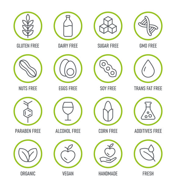 ilustrações de stock, clip art, desenhos animados e ícones de natural products. allergens. food intolerance. set of icons - dairy free, gluten free, sugar free, gmo free, nut free, paraben free. vector illustration. - gluten allergy