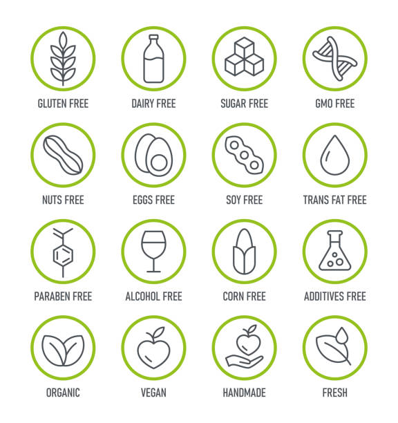 Natural Products. Allergens. Food Intolerance. Set of icons - Dairy Free, Gluten Free, Sugar Free, GMO Free, Nut Free, Paraben free. Vector illustration. Natural Products. Allergens. Food Intolerance. Set of icons - Dairy Free, Gluten Free, Sugar Free, GMO Free, Nut Free, Paraben free. Vector illustration. pollen stock illustrations