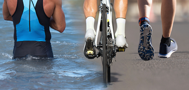 Triathlon swim bike run triathlete man for ironman race concept. Three pictures composite athlete running, biking, and swimming in sea