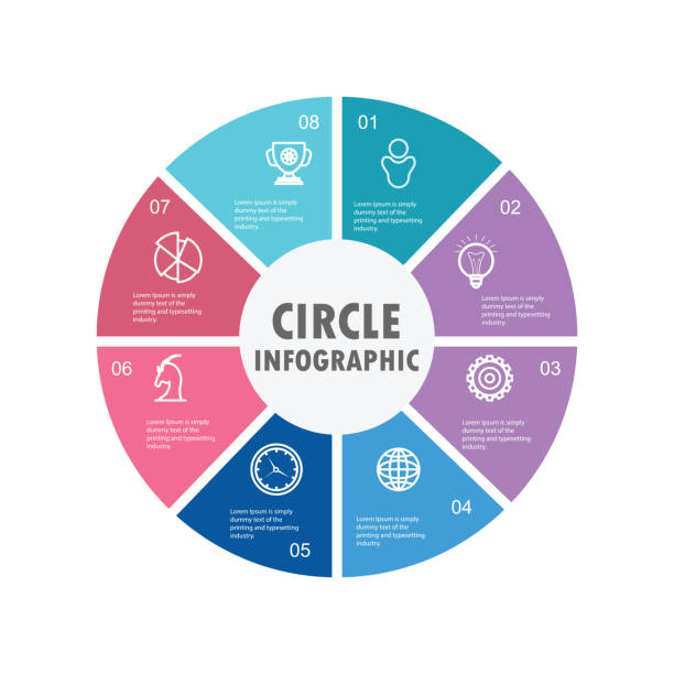 vektor-infografik-kreis. zyklusdiagramm mit 8 optionen. kann für diagramm, diagramm, bericht, präsentation verwendet werden - 8 stock-grafiken, -clipart, -cartoons und -symbole