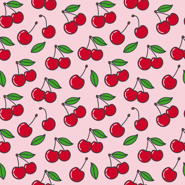 ilustraciones, imágenes clip art, dibujos animados e iconos de stock de patrón vectorial sin costuras de cerezas - berry fruit pink vibrant color leaf