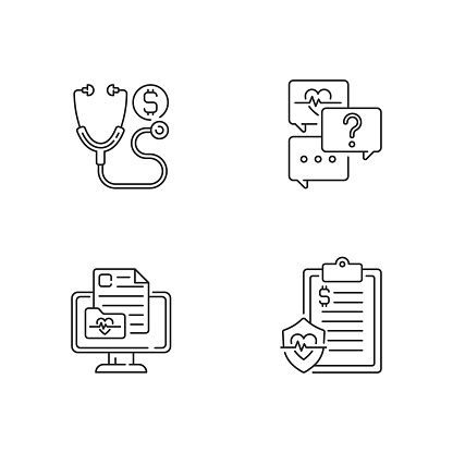 Full-service telehealth platform linear icons set. Consultation fee. Free question to specialist. Customizable thin line contour symbols. Isolated vector outline illustrations. Editable stroke