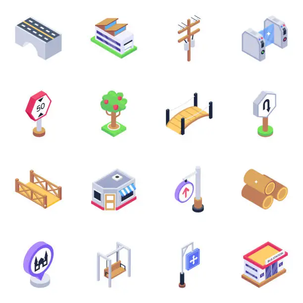 Vector illustration of Pack of Bridges Isometric Icons