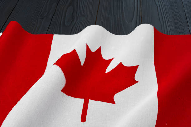 istock Flag of Canada on wooden background, copy space 1294443836