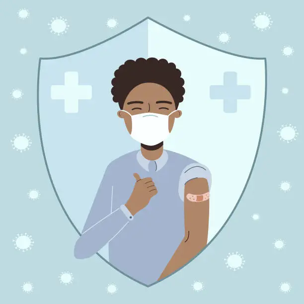 Vector illustration of African American man in medical face mask after injection.