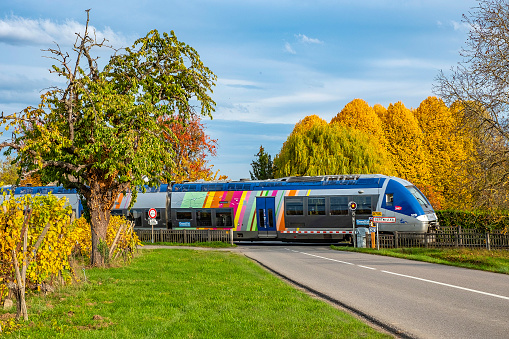 Barr, France - October 25, 2020: commuter train is leaving train station in Alsace.