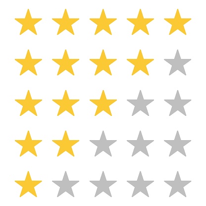Five star rating. Rate status level. Different ranks from one to five stars. Golden and gray transparent stars. Template design for web or mobile app. Vector illustration