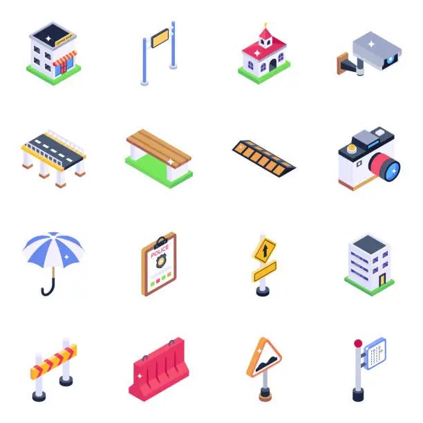 Vector illustration of Pack of Traffic Barriers Isometric Icons