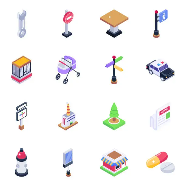 Vector illustration of Pack of Buildings and Signage Isometric Icons