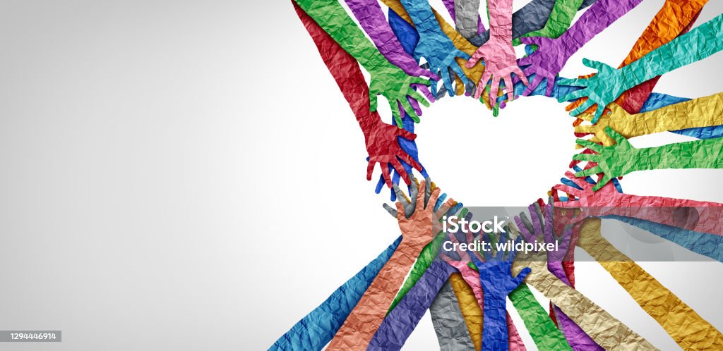 United Diversity United diversity and unity partnership as heart hands in a group of diverse people connected together shaped as a support symbol expressing the feeling of teamwork and togetherness. Community Stock Photo