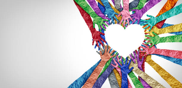 United Diversity United diversity and unity partnership as heart hands in a group of diverse people connected together shaped as a support symbol expressing the feeling of teamwork and togetherness. hands forming heart shape stock pictures, royalty-free photos & images