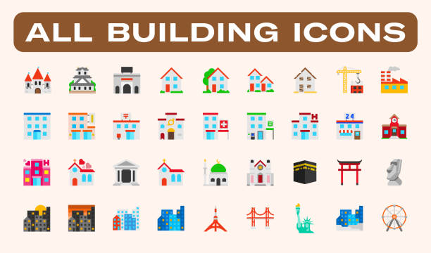 ilustrações de stock, clip art, desenhos animados e ícones de all type of buildings, architecture examples vector illustrations icons set. residential buildings, castle, mosque, church, school, office, hospital, hotel, post, grocery, skyscrapers, famous landmarks, urban objects isolated flat symbols collection. - building exterior built structure tower church