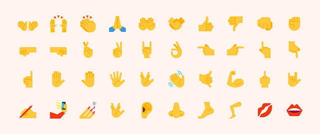 All Hand Emojis Vector Icons Set. All Hand Gestures, handshake, biceps, fist, direction, like, unlike, fingers, thump up, down stickers, emoticons collection
