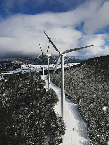 Snowy wind farm in winter. Navarre (Spain)