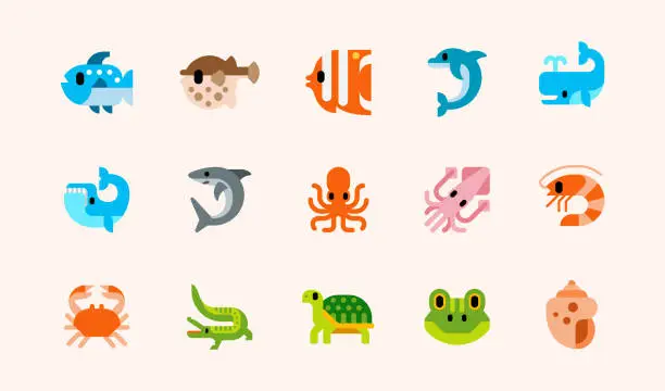 Vector illustration of Fishes and reptile animals vector illustrations icons set. Seafood, ocean animals, fish, blowfish, tropical fish, dolphin, shark, whale, squid, octopus, shrimp, crab, crocodile, green turtle, frog, seashell isolated cartoon flat symbols collection