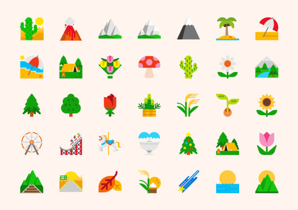 Landscape vector illustration icons set. Nature, national park, plants, mountains, gardening colorful isolated symbols collection Landscape vector illustration icons set. Nature, national park, plants, mountains, gardening colorful isolated symbols collection desert camping stock illustrations