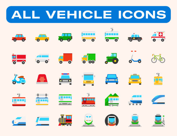 alle arten von land vehicles vector illustrationen icons set. transport, transport, logistik, lieferung, versand, eisenbahn, krankenwagen, notfall-auto-symbole flachen stil vektor illustration symbole sammlung - air vehicle business airplane multi colored stock-grafiken, -clipart, -cartoons und -symbole