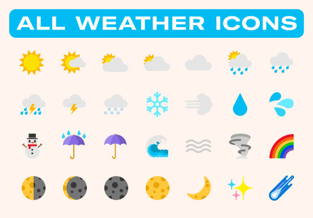 illustrations, cliparts, dessins animés et icônes de ensemble d’icônes d’illustrations vectorielles des conditions météorologiques. température, nuage, ciel, ensoleillé, pluvieux, nuageux, temps neigeux, climat, soleil, lune, parapluie, vague, collection de symboles isolés de bonhomme de neige - equipment group of objects space moon