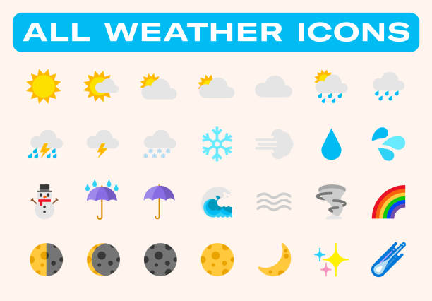 Weather conditions vector illustrations icons set. Temperature, cloud, sky, sunny, rainy, cloudy, snowy weather, climate, sun, moon, umbrella, wave, snowman isolated symbols collection Weather conditions vector illustrations icons set. Temperature, cloud, sky, sunny, rainy, cloudy, snowy weather, climate, sun, moon, umbrella, wave, snowman isolated symbols collection rain symbols stock illustrations