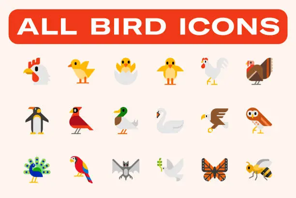 Vector illustration of All birds vector illustrations icons set. Wild, domestic, farm, savannah animals icons set. Chicken, baby chick, rooster, turkey, penguin, duck, cardinal bird, goose, eagle, owl, bat, peacock, macaw parrot, dove, butterfly cute cartoon vector collection