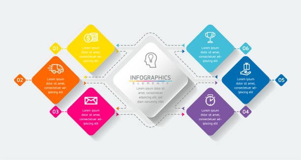 illustrations, cliparts, dessins animés et icônes de éléments vectoriels pour infographies. présentation et graphique. étapes ou processus.  conception du modèle de flux de travail numéro d’options, numéro 6 - pièce mécanique