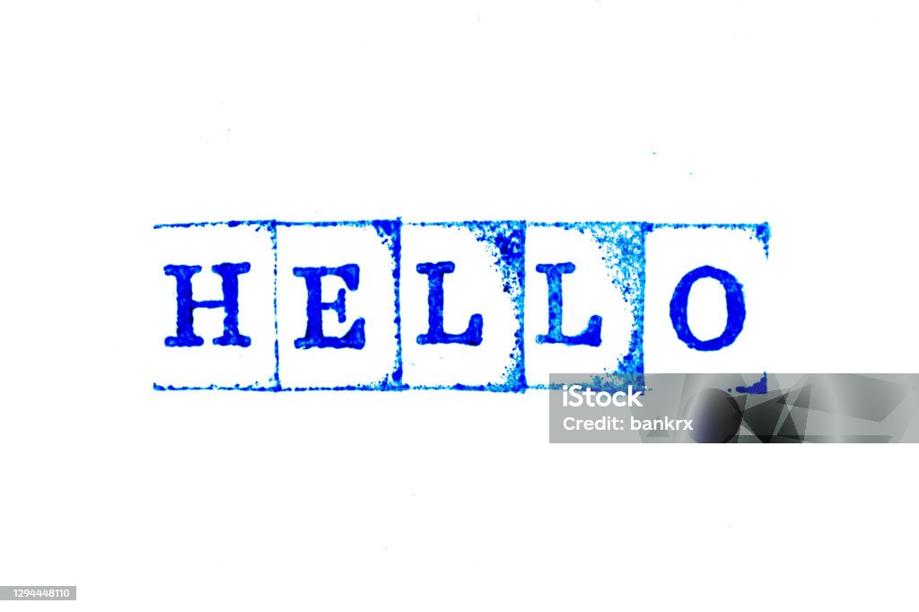 Blue color ink of rubber stamp in word hello on white paper background Greeting Stock Photo