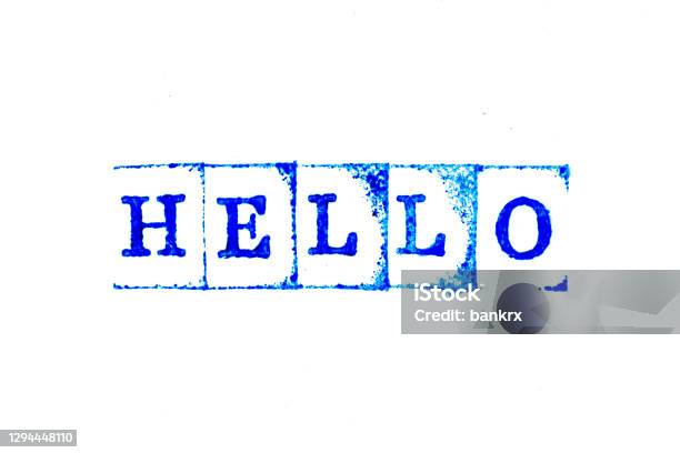 Blue Color Ink Of Rubber Stamp In Word Hello On White Paper Background Stock Photo - Download Image Now