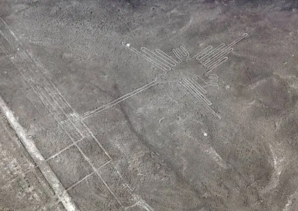 Hummingbird geoglyph black and white colored, Nazca mysterious lines and geoglyphs aerial view, landmark in Nasca, Peru