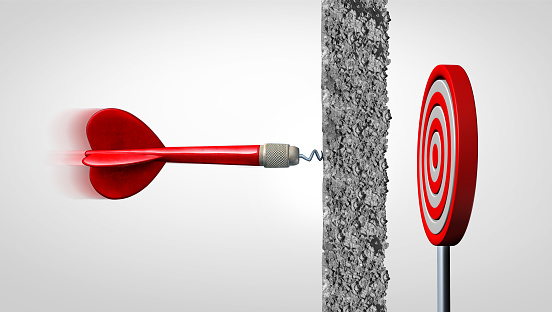 Obstacle and adversity as a dart facing a wall and overcoming obstacles as concrete blocking a target as a metaphor for problems and challenges for business with 3D illustration elements.