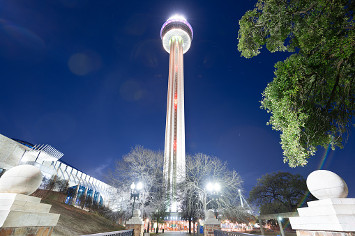 San Antonio, Texas, USA - January 31, 2018: Tower of Americas at night. The 750-foot (229-meter) observation tower was opened in 1968.