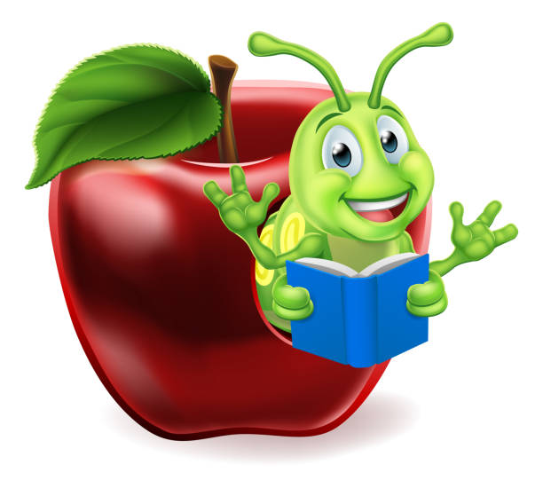 Apple Book Worm Cartoon A cute caterpillar bookworm worm cute cartoon character education mascot coming out of an apple reading a book caterpillar eating apple stock illustrations