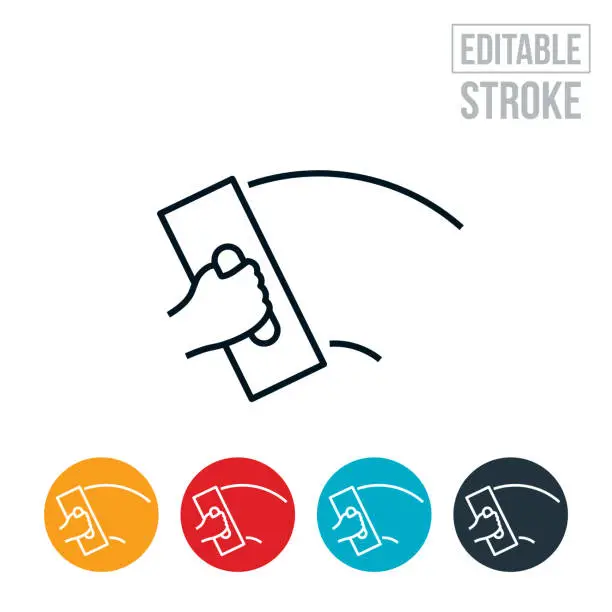 Vector illustration of Hand Using a Cement Trowel Thin Line Icon - Editable Stroke