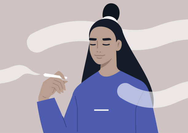 煙雲に囲まれた関節を持つ若いリラックスした女性アジアのキャラクター、現代のライフスタイル - タバコを吸う イラスト点のイラスト素材／クリップアート素材／マンガ素材／アイコン素材