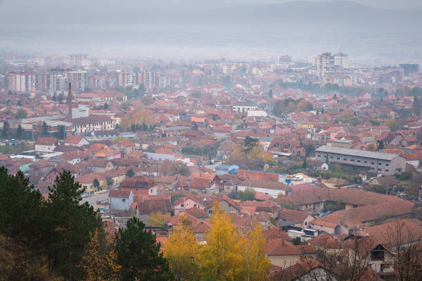 istock Soft, Misty, hazy, Pirot cityscape during autumn and foreground pine trees and silver birch trees with gold colored leaves 1294454192
