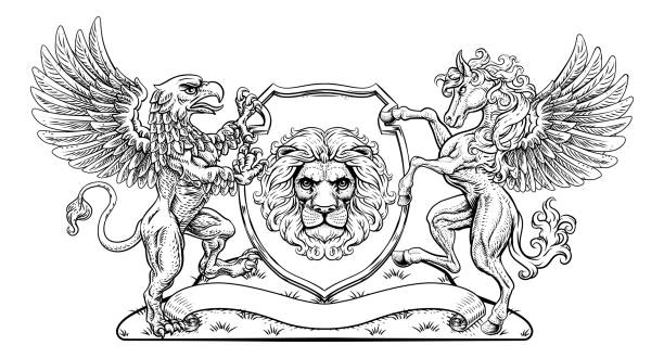Coat of Arms Crest Griffin Pegasus Lion Shield A crest coat of arms family shield seal featuring griffin, Pegasus winged horse and lion pony wings stock illustrations