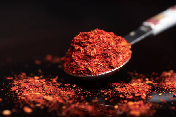 Grounded dry red paprika spice on a spoon