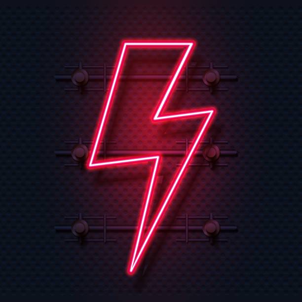 istock Neon bolt. Realistic signboard of electric flash. Zigzag shaped lamp. Lightning symbol. Illuminated billboard on dark textured wall. Decorative interior element. Vector signage mockup 1294456859