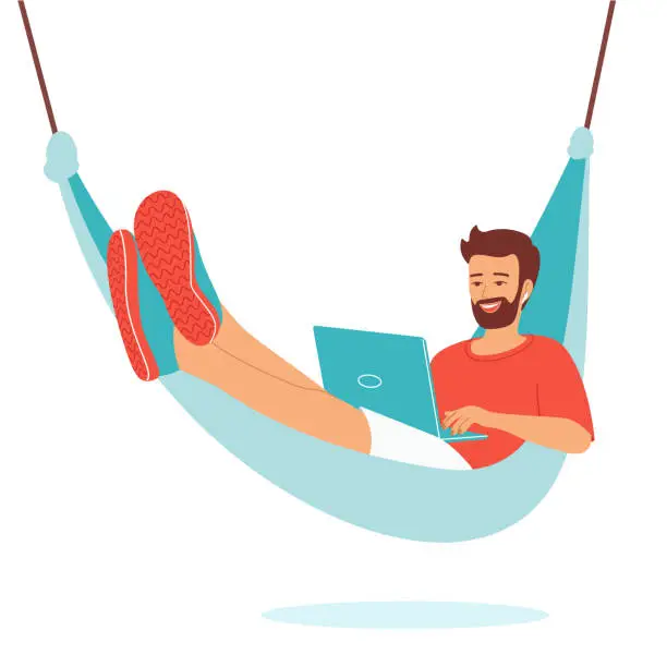 Vector illustration of Young happy smiling man with a laptop lies in a hammock. Remote employee, freelancer, online student, teacher, e-learning. Vector illustration