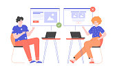 istock Split AB testing landing page conversion. Characters sit at different laptops and look at the design of the website. Vector flat illustration. 1294457519
