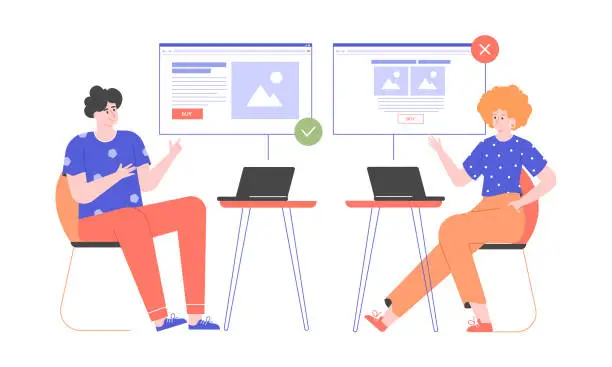 Vector illustration of Split AB testing landing page conversion. Characters sit at different laptops and look at the design of the website. Vector flat illustration.