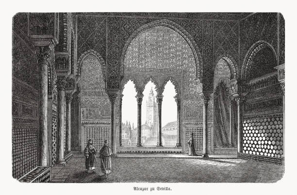 illustrazioni stock, clip art, cartoni animati e icone di tendenza di alcázar di siviglia, andalusia, spagna, incisione su legno, pubblicata nel 1893 - national landmark architectural styles sevilla seville