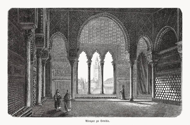 스페인 안달루시아 세비야의 알카자르(alcázar)는 1893년에 출판된 나무 조각 - seville alcazar palace sevilla arch stock illustrations