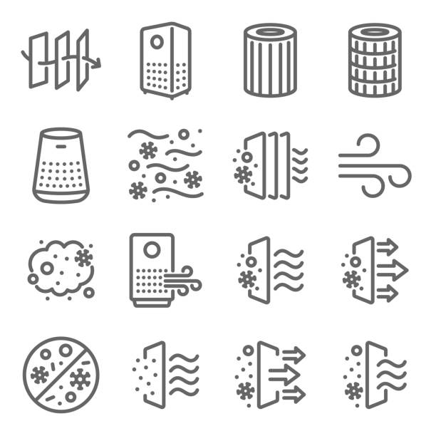 ilustrações de stock, clip art, desenhos animados e ícones de air purifier icon illustration vector set. contains such icons as dust, oxygen, anti-bacteria, air pollution, pm 2.5, air filter, and more. expanded stroke - in the wind