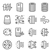 istock Air purifier icon illustration vector set. Contains such icons as Dust, Oxygen, Anti-bacteria, Air pollution, pm 2.5, Air filter, and more. Expanded Stroke 1294458636