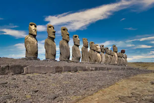 Photo of Moais in Ahu Tongariki, Rapa Nui National Park, Easter Island, Chile