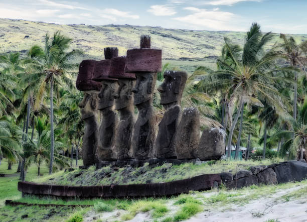 Seven Moai Ahu Nau Nau at Anakena Beach - Easter Island