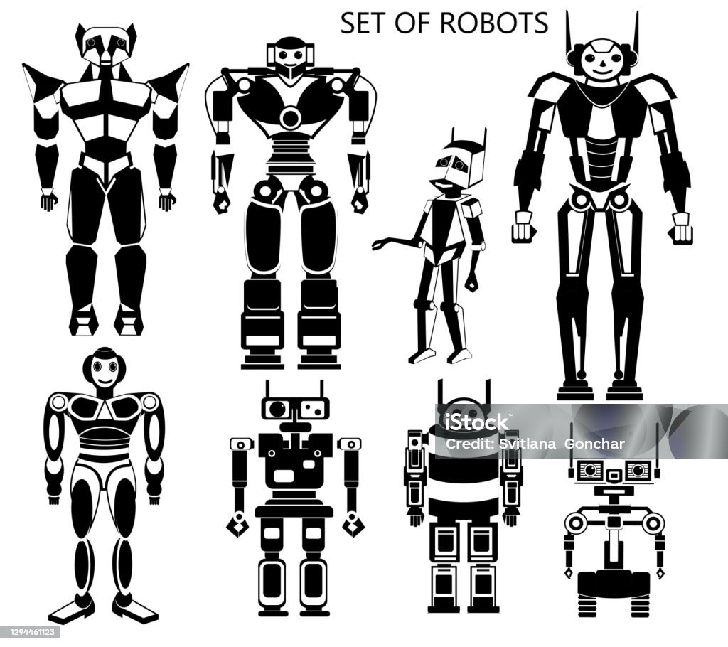 A Set Of Childrens Robots In Black And White Colors Vector Robots Stock ...