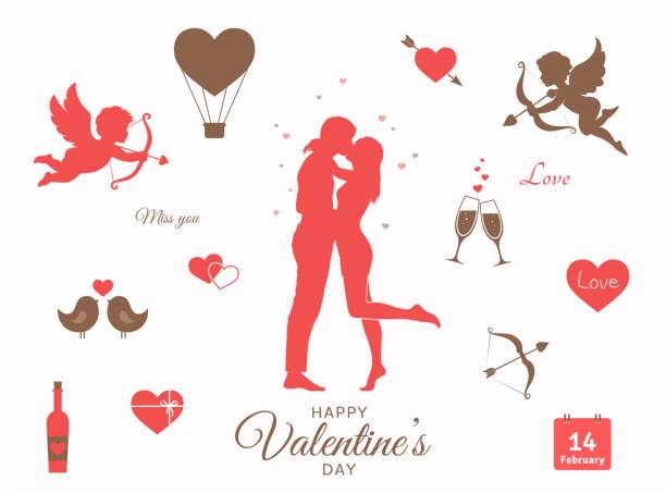 valentine's day elements set. love symbols. couple, cupids and hearts icons vector art illustration